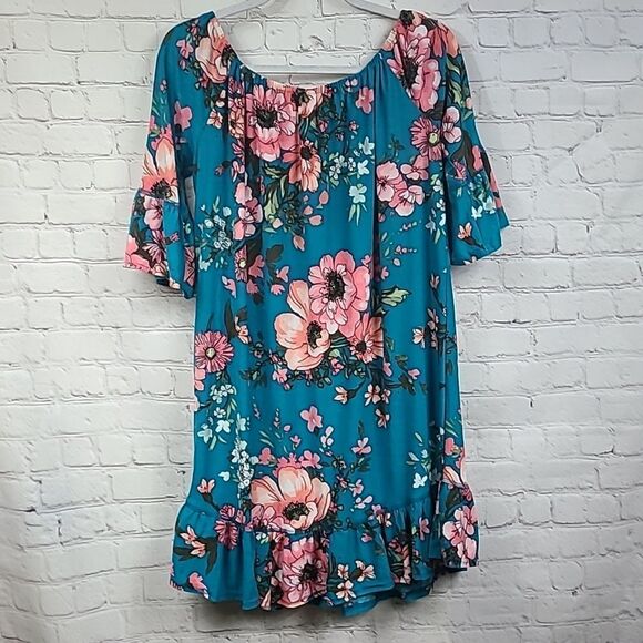 Anthropologie Uncle Frank Super Soft Teal Floral Print Ruffled Shift Midi Dress - Picture 8 of 10